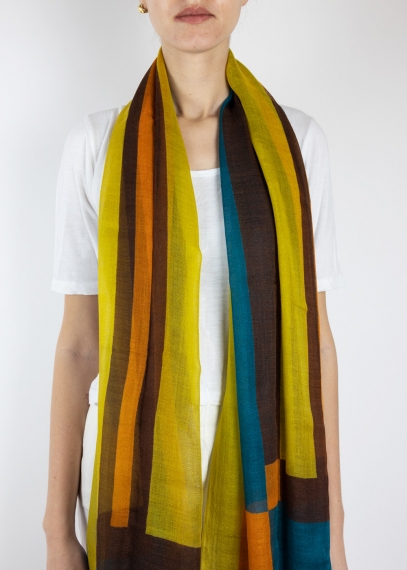 Stola in cashmere light Quadri Ottanio e arancio