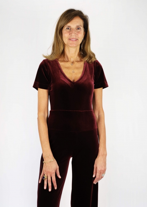 Burgundy V Short Sleeved Velvet Jumpsuit