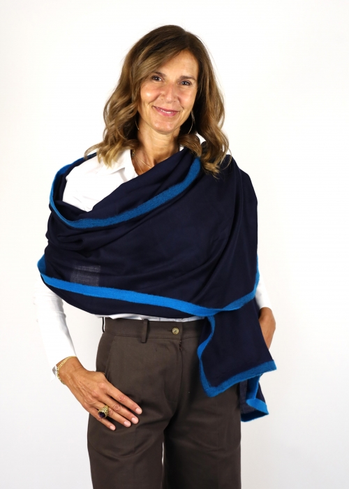 Blue Cashmere Stole With Cobalt Ribbon