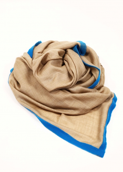 Beige Cashmere Stole With Cobalt Ribbon