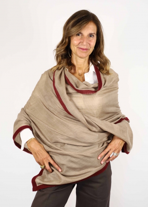 Stola in cashmere Beige con Fettuccia Bordeaux