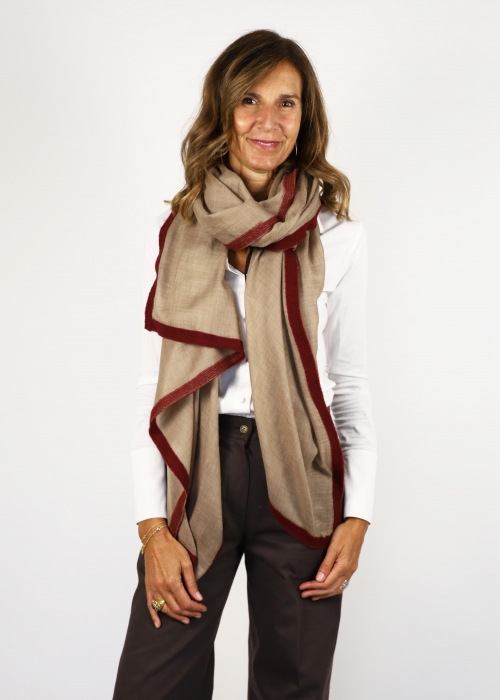 Beige Cashmere Stole With Burgundy Ribbon