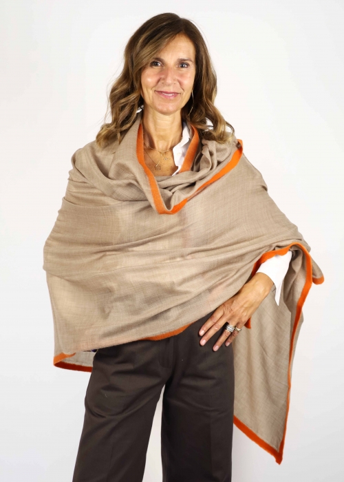 Beige Cashmere Stole With Orange Ribbon