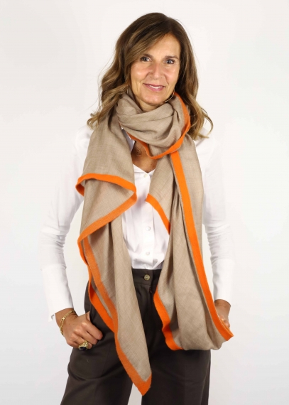 Stola in cashmere Beige con Fettuccia Arancione