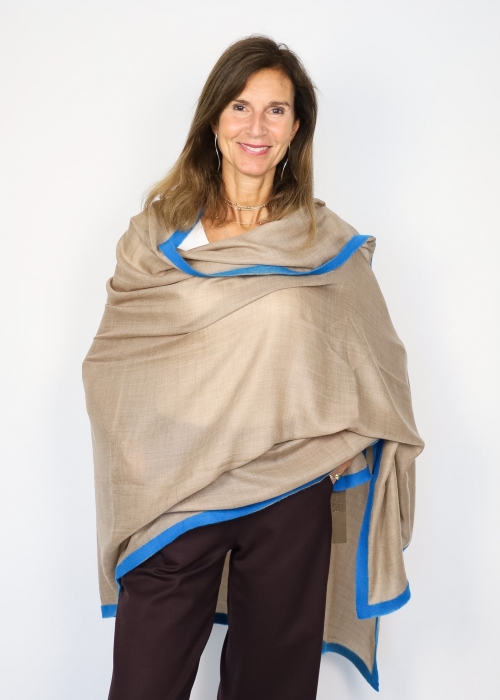 Beige Cashmere Stole With Cobalt Ribbon