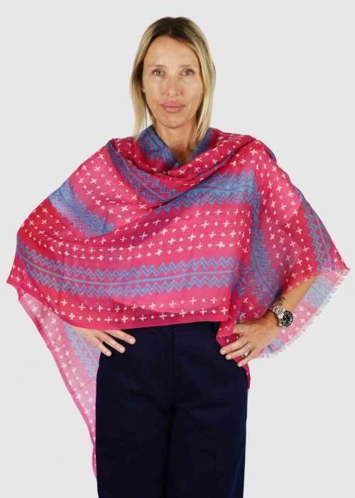 Fuchsia Light blue and White Light Cashmere Stole