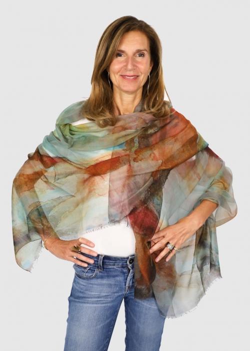 Stola In Cashmere Voile Ultralight Arancio Bruciato E Turchese