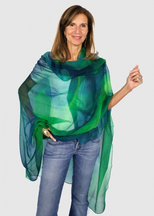 VOILE ULTRALIGHT GREEN AND BLUE CASHMERE STOLE