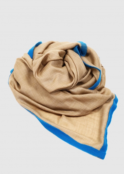 Beige Cashmere Stole With Cobalt Ribbon