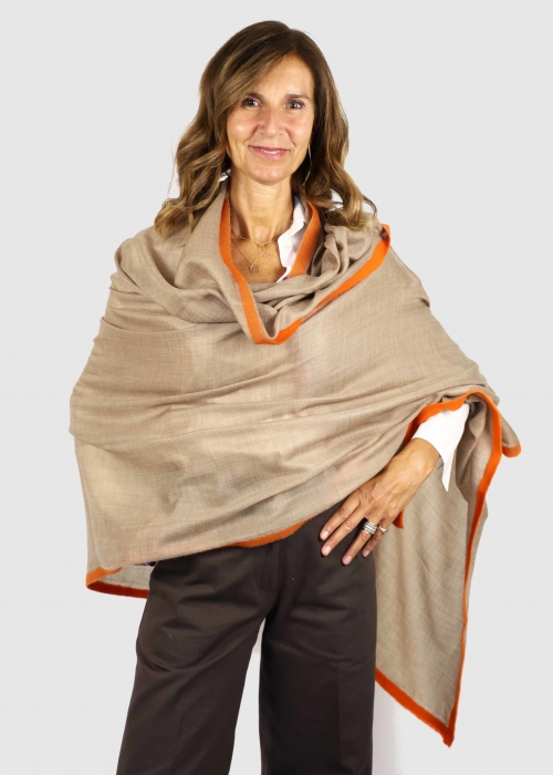 Stola in cashmere Beige con Fettuccia Arancione