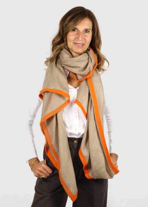 Stola in cashmere Beige con Fettuccia Arancione