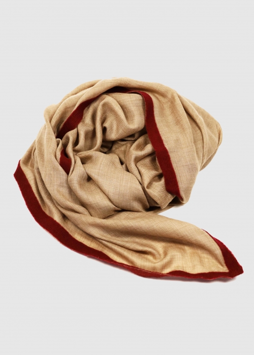 Beige Cashmere Stole With Burgundy Ribbon