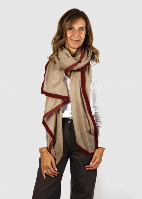 Stola in cashmere Beige con Fettuccia Bordeaux