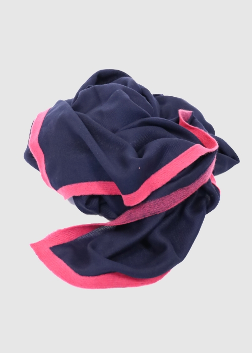 Blue Cashmere Stole With Raspberry Ribbon