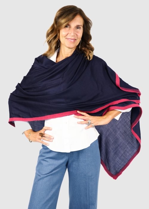 Stola in cashmere Blu con Fettuccia Lampone